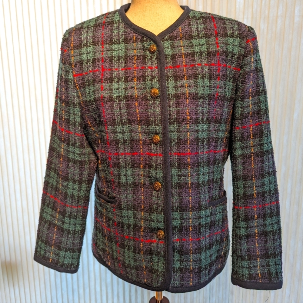 Vintage Wool Green Navy Purple Plaid Lined Alfred Dunner Blazer Jacket Sz 10